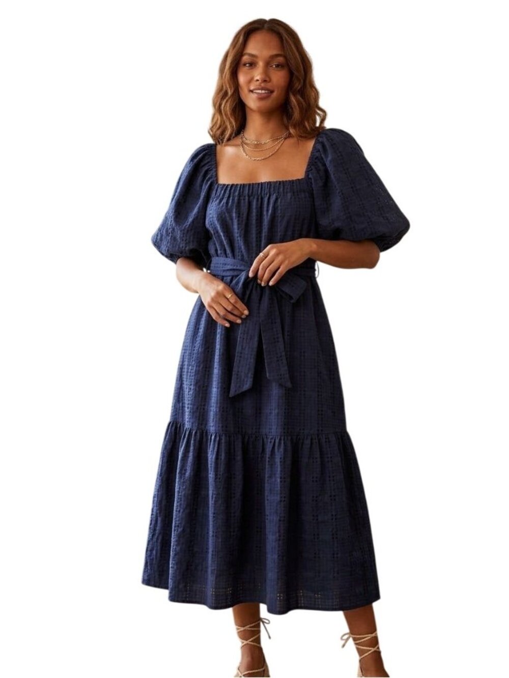 Blue Moon NWT Bohemian Navy Puff Sleeve Maternity Friendly Midi Dress Size M